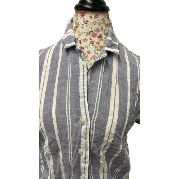🪻 Eddie Bauer M Linen Blend Blue White Striped Button Shirt - Picture 2 of 4